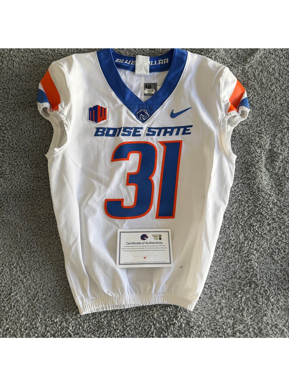 Nike Game Used Boise State Broncos NCAA Football #31 White Jersey 40 MWC w/COA